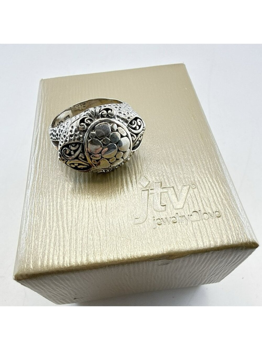 Sarda Sterling Silver Ring Filigree Caviar Pebbled Bali Scrollwork 925 Size 9